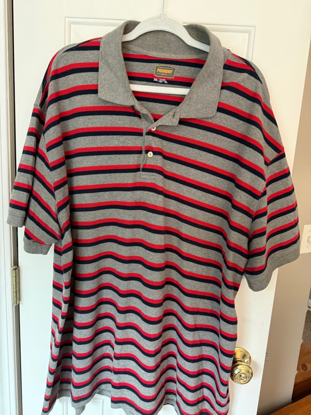 The Foundry Supply Co. Grey Polo with Red & Black Stripes